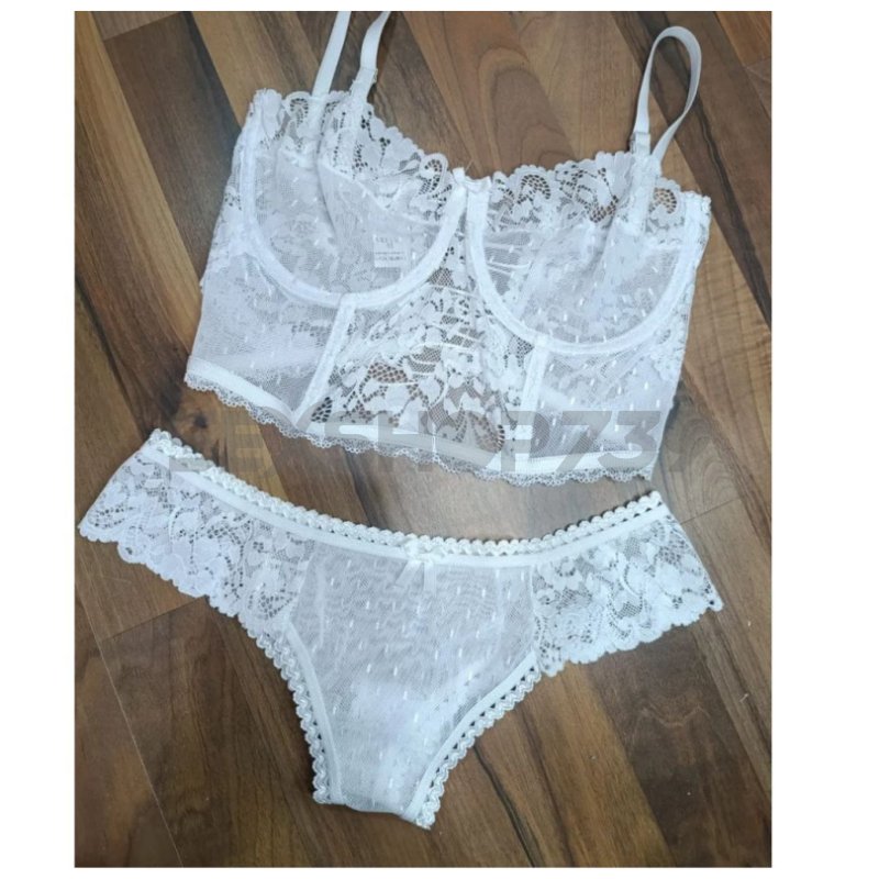 CONJUNTO DE ENCAJE - CORSETE Y LESS -  BLANCO