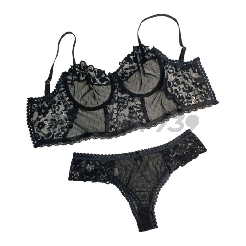 CONJUNTO ENCAJE - CORSETTE Y TANGA - NEGRO
